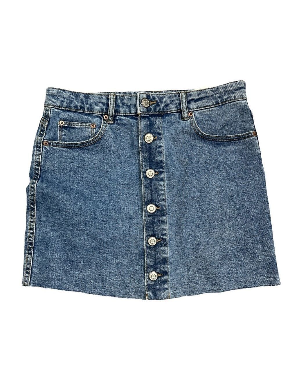 DEX button front raw hem blue jean denim mini skirt 28